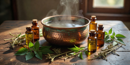 Herbal essential oils and warm copper bowl for Ayurvedic treatment