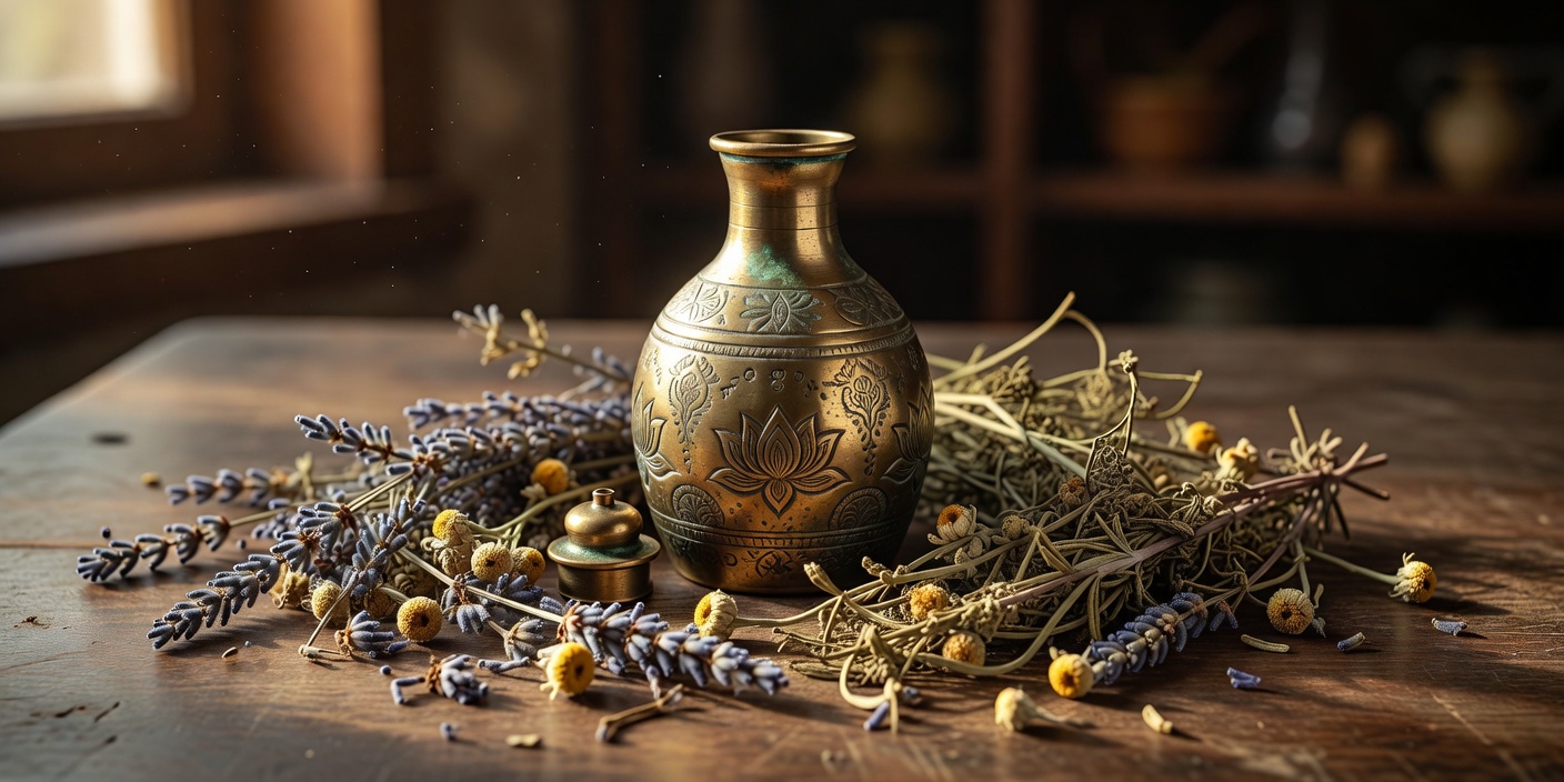 Herbal massage oil in traditional brass bottle surrounded by dried herbs