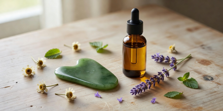Jade gua sha stone tool lying beside botanical facial serum