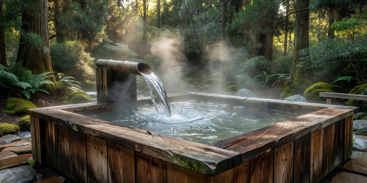 Japanese hot spring water streaming into traditional cedar wood bath outdoor