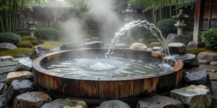 Japanese hot spring water streaming into wooden tub surrounded by stone