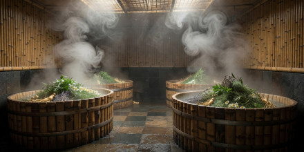 Korean spa herbal steam room with bamboo bath accents