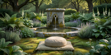 Person meditating peaceful outdoors by calm water reflections