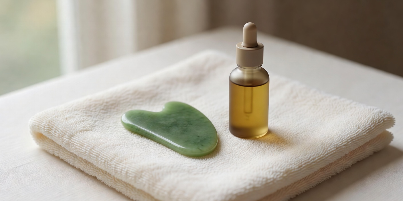Natural green jade Gua Sha tool placed on a clean towel beside organic facial oil