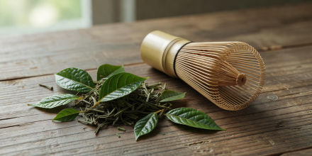 Selection of loose leaf green tea leaves and bamboo whisk for tea ritual