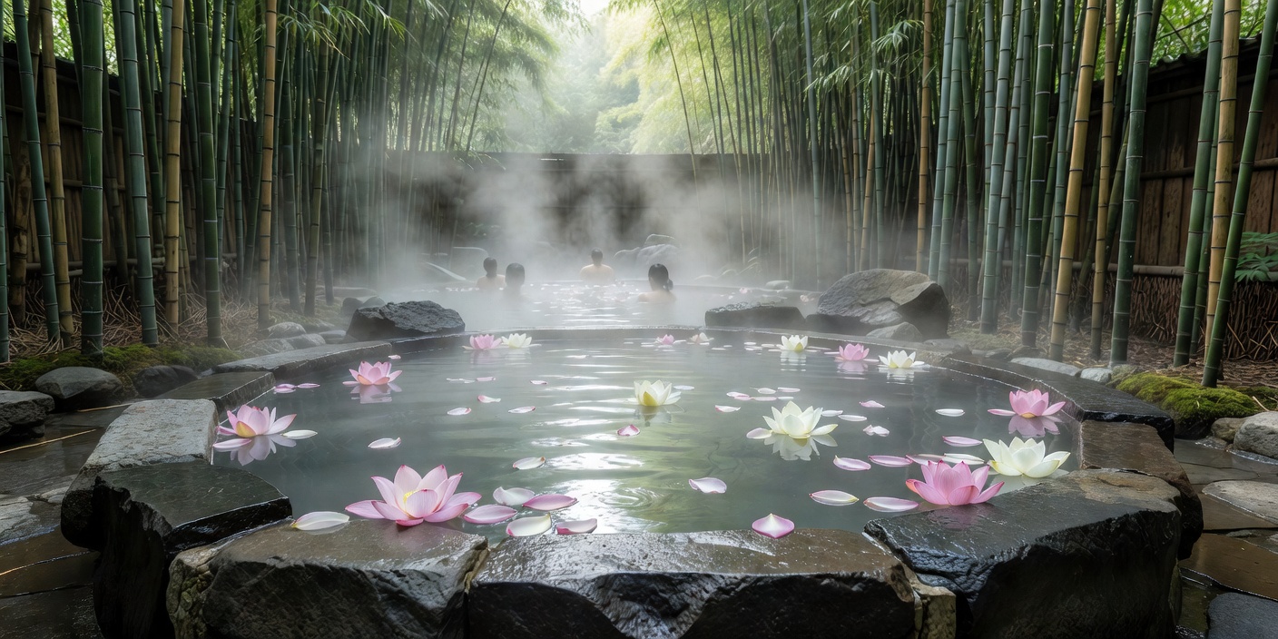 Serene Asian thermal bath setup with bamboo and floating lotus petals