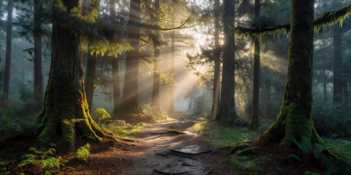 Sunlight breaking through misty cedar forest canopy during morning walk