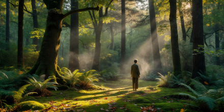 Lush green forest canopy with gentle sunbeams breaking through leaves